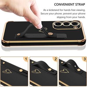 Telaso Samsung Galaxy S23 Plus Case, Galaxy S23 Plus Phone Case Love Heart Cute Case with Wristband Kickstand Holder Soft TPU Plating Bumper Protective Slim Phone Case Cover for Girls Women, Black