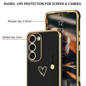Telaso Samsung Galaxy S23 Plus Case, Galaxy S23 Plus Phone Case Love Heart Cute Case with Wristband Kickstand Holder Soft TPU Plating Bumper Protective Slim Phone Case Cover for Girls Women, Black