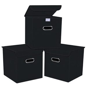nieenjoy closet organizers fabric storage cube bins with lids collapsible storage bins basket with handles ,storage boxes for organizing,3 pack (black)