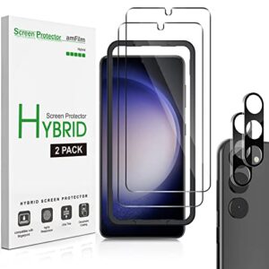 amfilm 2 pack hybrid screen protector for samsung galaxy s23 5g 6.1 inch [100% fingerprint id compatible] with 2 pack tempered glass camera lens protector and easy installation tray, hd clear