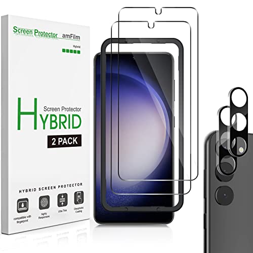 amFilm 2 Pack Hybrid Screen Protector for Samsung Galaxy S23 5G 6.1 Inch [100% Fingerprint ID Compatible] with 2 Pack Tempered Glass Camera Lens Protector and Easy Installation Tray, HD Clear