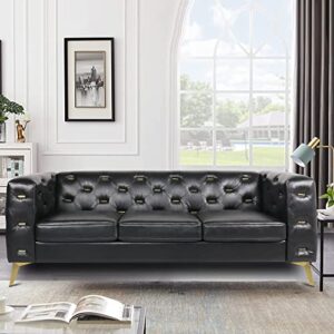mid-century faux leather chesterfield sofa couch,modern 3 seater sofa furniture,upholstered metal buckle decorated tufted back leather couch with square arms for living room bedroom home office,black