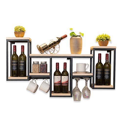 Wine Holder Wine Bottle Glass Rack, Wood Metal Combined Wall Storage Shelf Holder, Wine Cabinet Wall-Mount Wine Goblet Stemware Rack