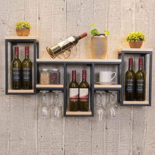 Wine Holder Wine Bottle Glass Rack, Wood Metal Combined Wall Storage Shelf Holder, Wine Cabinet Wall-Mount Wine Goblet Stemware Rack