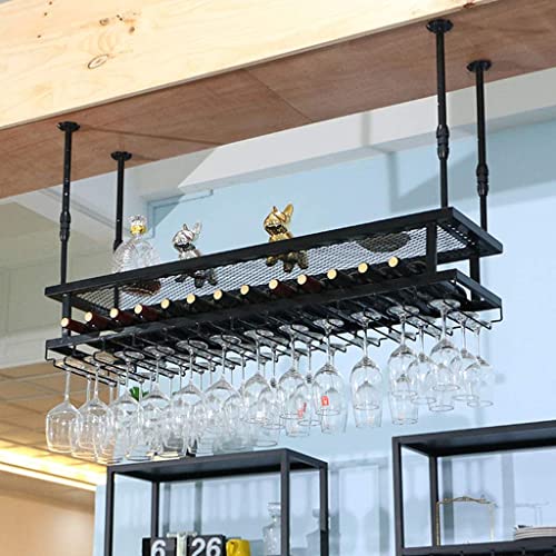 Wine Racks Cafe Hanging with Glass Holder and Shelf, Black Adjustable Metal Ceiling Bar Wine Glass Rack, 2-Layer Industrial Iron Bottle Holder Wine Shelf