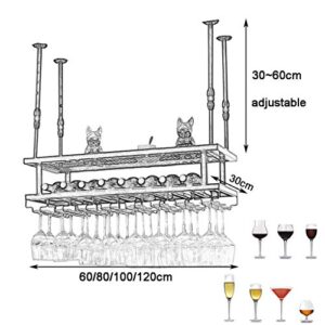 Wine Racks Cafe Hanging with Glass Holder and Shelf, Black Adjustable Metal Ceiling Bar Wine Glass Rack, 2-Layer Industrial Iron Bottle Holder Wine Shelf