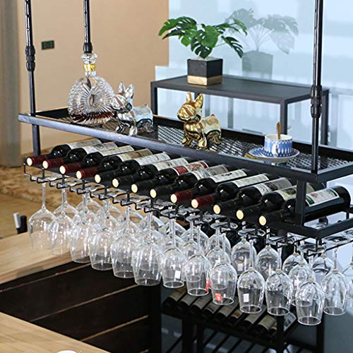 Wine Racks Cafe Hanging with Glass Holder and Shelf, Black Adjustable Metal Ceiling Bar Wine Glass Rack, 2-Layer Industrial Iron Bottle Holder Wine Shelf