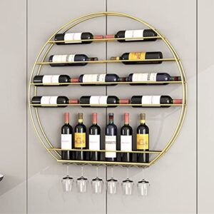 Gold Round Wall-Mounte Wine Rack ， Bar Restaurant Kitchen Wine Bottle Storage Shelf ，Hanging Wine Glass Holder Suspended Stemware Floating Organizer Shelves