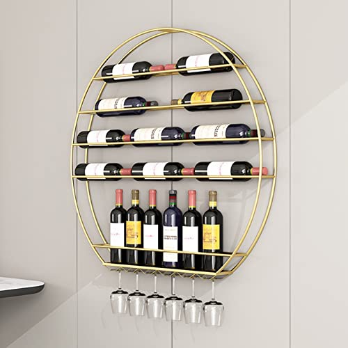 Gold Round Wall-Mounte Wine Rack ， Bar Restaurant Kitchen Wine Bottle Storage Shelf ，Hanging Wine Glass Holder Suspended Stemware Floating Organizer Shelves