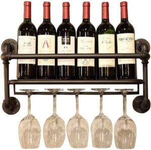industrial vintage wine racks wrought iron water pipe design 6 bottles wine holder, wine glass rack goblet stemware racks, black