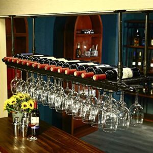 Metal Ceiling Wine Holder Black, Adjustable Hanging Wine Bottle Holder, Stemware Racks, Goblet Rack, Kitchens Bar Counter Wine Storage Display Shelf (Size : 100×35cm(39×14inch))