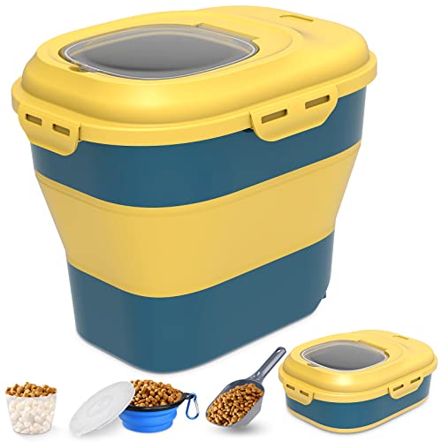 Collapsible Dog Food Storage Container, Dog Food Container 30 LB, Airtight Pet Food Storage Container with Folding Bowl, Measuring Cup, Scoop & Wheels, 50 Lb Kitchen Food Storage Bin for Dog Treats