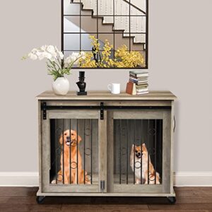 lyromix dog crate furniture with divider for 2 small to medium pets, wooden cage end table, heavy duty indoor puppy kennel with removable divider and sliding door, grey, 39.37'w*25.2'd*28.94'h