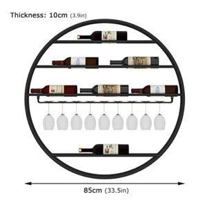 Wall-Mounted Wine Rack Round Wine Bottle Holder ， with Hanging Goblet Glass Stemware Racks ， Black Metal Iron Storage Shelf ， Organizer Shelves for Bar Kitchen (Size : 85x10x85cm)