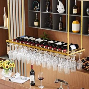 Wine Stemware Racks, Ceiling Hanging Wine Glass Holder, Wine Bottle Holder, Metal Wine Goblet Rack for Restaurants Kitchens Bar Storage Display Shelf, Gold (Size : 80×35cm(32×14inc