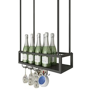 black wine rack wine bottles display racks glass goblets storage shelf ceiling hanging holder wall mounted iron shelving for under cabinet, kitchen, bar, restaurants (size : 120x25