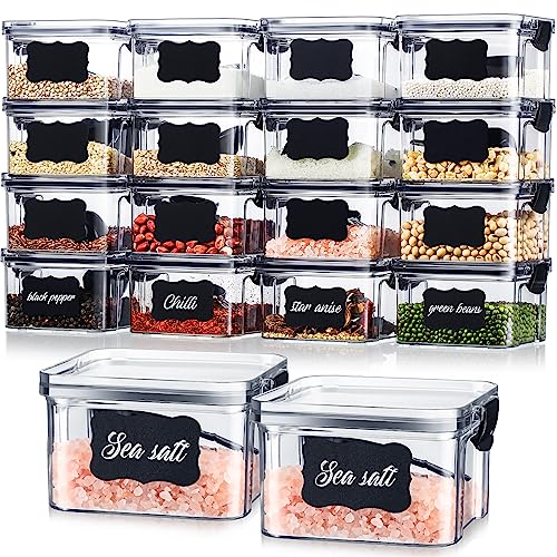 16 Pack Food Storage Containers with 16 Labels and 16 Black Spoons Dry Food Storage Containers for Kitchen Refrigerator Organization for Pasta, Cereal, Rice Dishwasher Safe