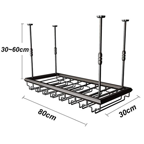 Bar Counter Floating Wine Rack, Ceiling Hanging Wine Holder Adjustable Height, Wine Bottle and Glass Rack, Vintage Goblet Stemware Storage Rack,Black (Size : 80×30cm(32×12inch))