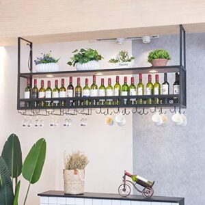 Ceiling Mounted Wine Bottle Holder Hanging Wine Shelf with Glass Holder (with Spotlights) | Metal Ceiling Mounted Hanging Wine Holder | Wooden Wine Bottle Holder | Suspended Wine G