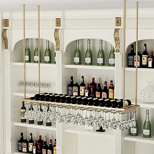 Hanging Wine Rack from Ceiling， Modern Metal Wine Bottle Holder Wall Mounted Champagne Glass Goblets Stemware Rack Storage Shelf Gold Display Racks (Size : 60x27x8cm)