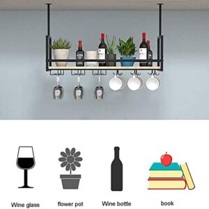 Ceiling Shelf Wine Rack, Hanging Shelf with Glass Holder, Iron Upside Down Stemware Goblet Wine Glass Holder,bar Wine Rack Hanging Flower Stand (Color : Black, Size : 120X30X80CM)