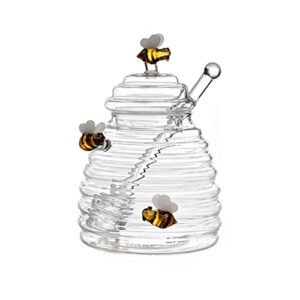 phezen honey jars honey dish with dipper and lid, large glass jar honey pot with bee statue charms, honey containers glass honey dispenser for jam syrup and honey home kitchen supplies