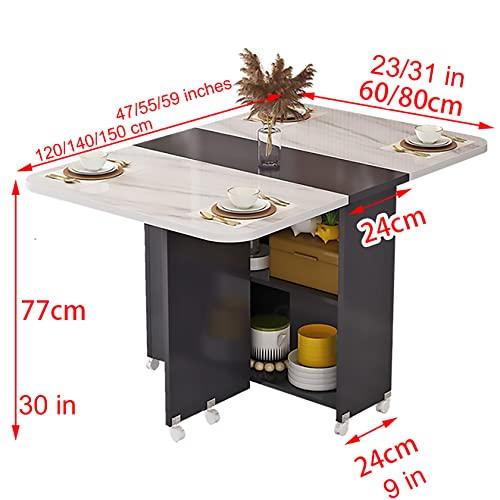 Folding Dining Table, Drop Leaf Dining Table With 2-layer Storage Shelf, Folding Dining Table With 6 Wheels, Space Saving Multifunction Dining Table Expandable for Small Spaces, Kitchen, Small Apartme