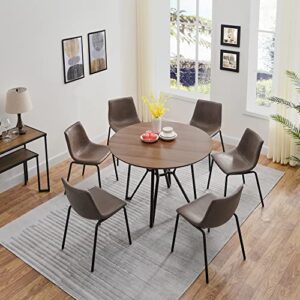 round dining room table set with 6 armless upholstered chairs 48"d circle kitchen table with metal eedge tabletop for dining room home kitchen, dark walnut+black&light wheat-6p ycz2012bw+1179lt