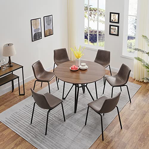 Round Dining Room Table Set with 6 Armless Upholstered Chairs 48"D Circle Kitchen Table with Metal Eedge Tabletop for Dining Room Home Kitchen, Dark Walnut+Black&Light Wheat-6P YCZ2012BW+1179LT