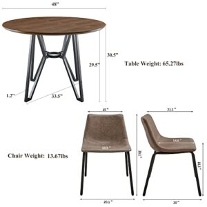 Round Dining Room Table Set with 6 Armless Upholstered Chairs 48"D Circle Kitchen Table with Metal Eedge Tabletop for Dining Room Home Kitchen, Dark Walnut+Black&Light Wheat-6P YCZ2012BW+1179LT