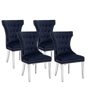 creek vista velvet dining chairs set of 4, upholstered dining room chair with stainless legs, tufted kitchen chair with button back and pull ring, dark blue