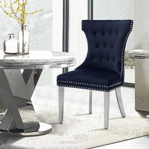 Creek Vista Velvet Dining Chairs Set of 4, Upholstered Dining Room Chair with Stainless Legs, Tufted Kitchen Chair with Button Back and Pull Ring, Dark Blue
