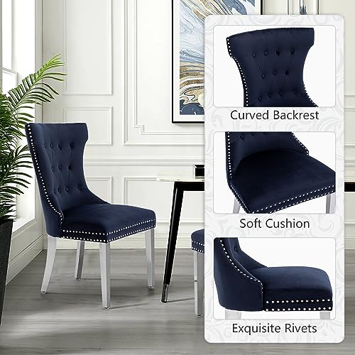 Creek Vista Velvet Dining Chairs Set of 4, Upholstered Dining Room Chair with Stainless Legs, Tufted Kitchen Chair with Button Back and Pull Ring, Dark Blue