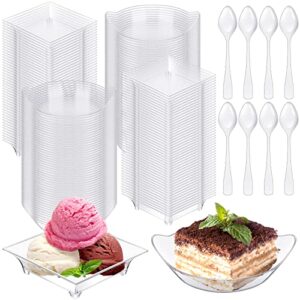 400 pcs mini dessert plates with tasting spoons disposable serving trays 100 pcs small square appetizer plates 100 pcs clear plastic plates 200 pcs mini spoons for desserts party fruit (oval leaf)