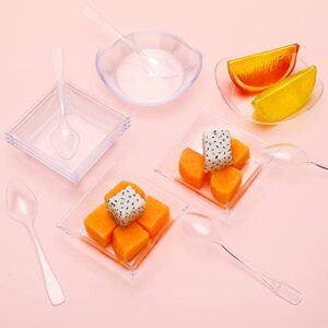 400 Pcs Mini Dessert Plates with Tasting Spoons Disposable Serving Trays 100 Pcs Small Square Appetizer Plates 100 Pcs Clear Plastic Plates 200 Pcs Mini Spoons for Desserts Party Fruit (Oval Leaf)