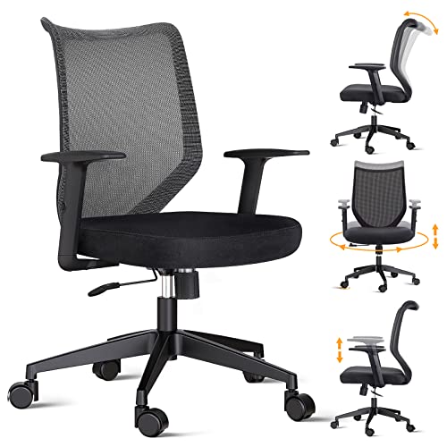 Desk Chair Ergonomic Office Chair with Adjustable Armrests, Reclining Tilt Function & Breathable Mesh Mid Back Home Office Chair with PU Wheels, Computer Task Chair with Lumbar Support & Arms (Black)
