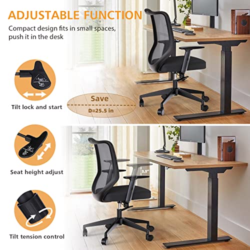 Desk Chair Ergonomic Office Chair with Adjustable Armrests, Reclining Tilt Function & Breathable Mesh Mid Back Home Office Chair with PU Wheels, Computer Task Chair with Lumbar Support & Arms (Black)