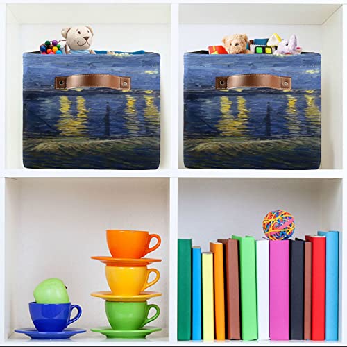 ALAZA Van Gogh Moon Art Large Storage Basket with Handles Foldable Decorative 1 Pack Storage Bin Box for Organizing Living Room Shelves Office Closet Clothes