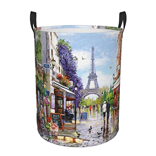 Round Single Paris Street Scene Eiffel Tower Dirty Laundry Hamper,Storage Bin Organizer Laundry Hamper Portable Laundry