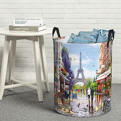 Round Single Paris Street Scene Eiffel Tower Dirty Laundry Hamper,Storage Bin Organizer Laundry Hamper Portable Laundry