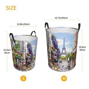 Round Single Paris Street Scene Eiffel Tower Dirty Laundry Hamper,Storage Bin Organizer Laundry Hamper Portable Laundry