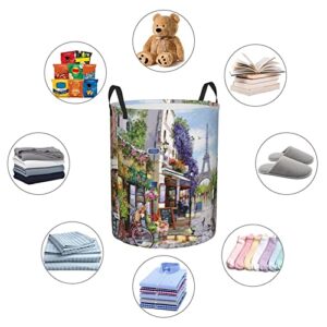 Round Single Paris Street Scene Eiffel Tower Dirty Laundry Hamper,Storage Bin Organizer Laundry Hamper Portable Laundry