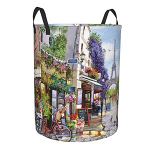 Round Single Paris Street Scene Eiffel Tower Dirty Laundry Hamper,Storage Bin Organizer Laundry Hamper Portable Laundry