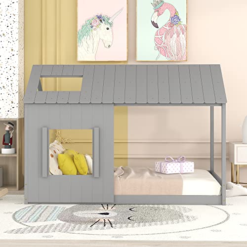 VilroCaz Playhouse Design Montessori Floor Bed Twin Size Kids Bed, Wood House Bed Tent Bed Platform Bed with Roof and Window for Kids Girls Boys, Strong Sturdy Wood Slats Support