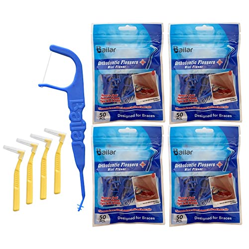 Ortho Floss| Floss for Braces| 200 Count Bag| Pack of 4 Bonus 4 Interdental Brush| Floss Dental Pick Fits Between Brace Wire and Teeth| Quick and Easy Braces Floss