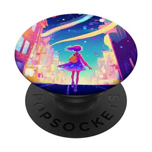 cyberpunk vaporwave colorful girl city trippy art popsockets swappable popgrip