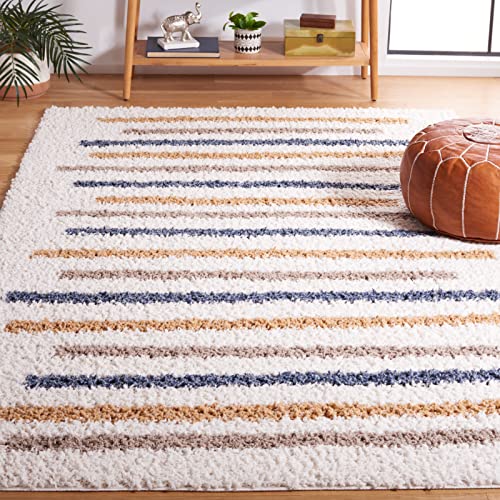 SAFAVIEH Calico Shag Collection Area Rug - 6'7" Square, Ivory & Gold, Stripe Design, Non-Shedding & Easy Care, 1.6-inch Thick Ideal for High Traffic Areas in Living Room, Bedroom (CLC110A)