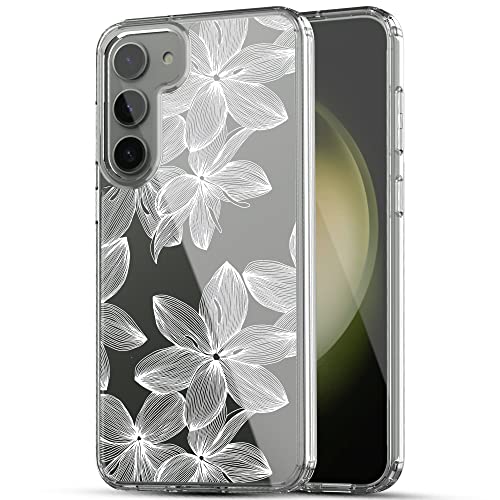 RANZ Galaxy S23 Plus Case, Anti-Scratch Shockproof Clear PC+ TPU Bumper with White Flower Design