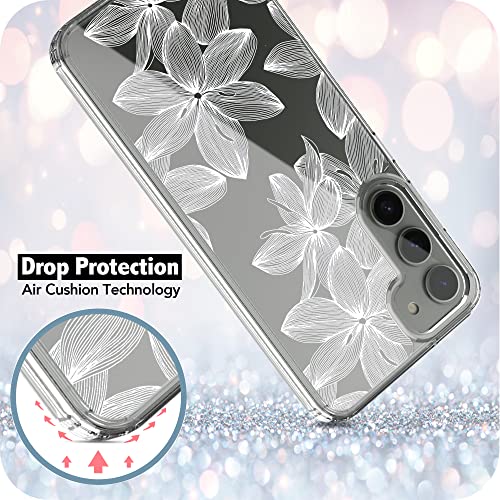 RANZ Galaxy S23 Plus Case, Anti-Scratch Shockproof Clear PC+ TPU Bumper with White Flower Design