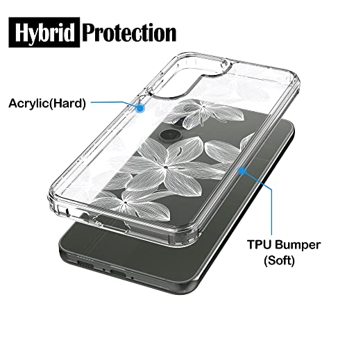 RANZ Galaxy S23 Plus Case, Anti-Scratch Shockproof Clear PC+ TPU Bumper with White Flower Design